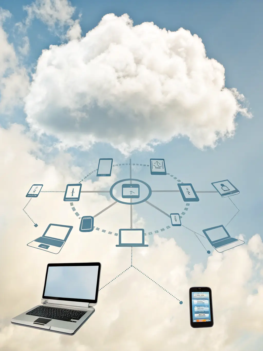An image of cloud icons connected to various devices, illustrating seamless cloud connectivity and data accessibility for a modern business.