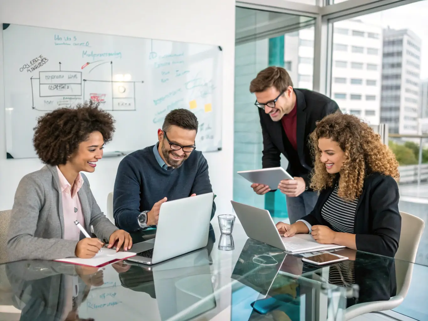 A team collaborating on cloud-based documents, showcasing the flexibility and scalability of cloud solutions for a small business.
