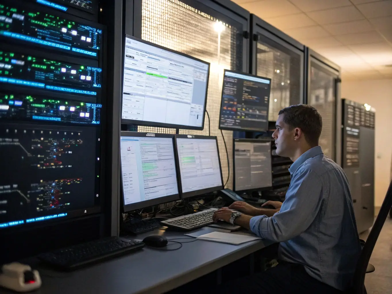 A network administrator monitoring network traffic on a dashboard, ensuring optimal performance and security for a small business network.