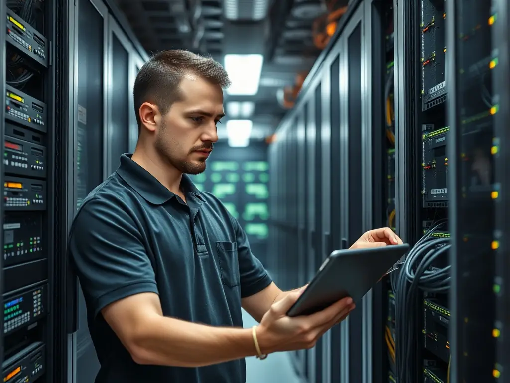 An image showing a professional IT technician monitoring network servers and infrastructure, ensuring optimal performance and security.