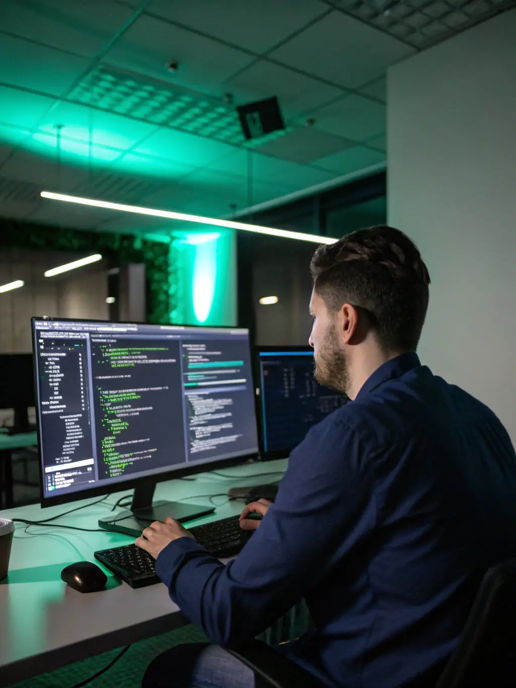An image of a security analyst monitoring a dashboard displaying real-time threat alerts and security metrics. The analyst is focused and professional, conveying expertise and vigilance.