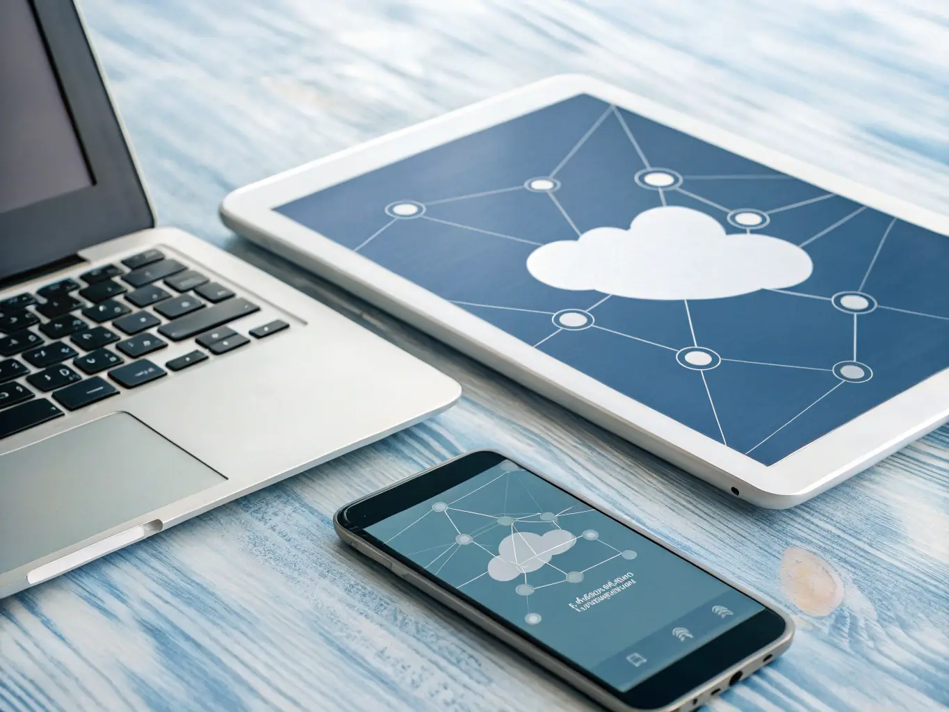 An image of cloud icons connected to various devices, illustrating seamless cloud connectivity and data accessibility.