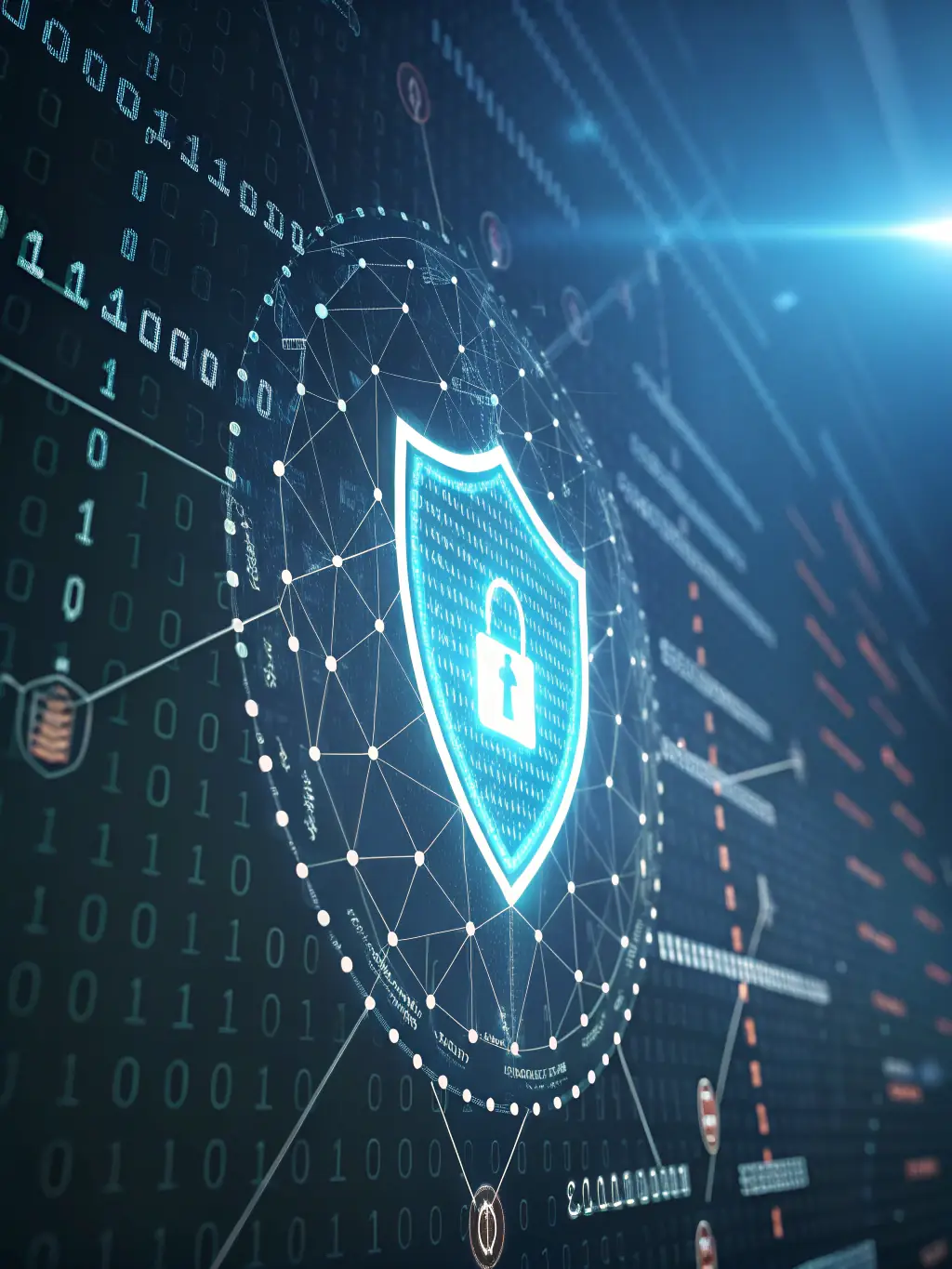 An image depicting a digital shield overlaying a network grid, symbolizing robust cybersecurity protection for a business's digital assets.