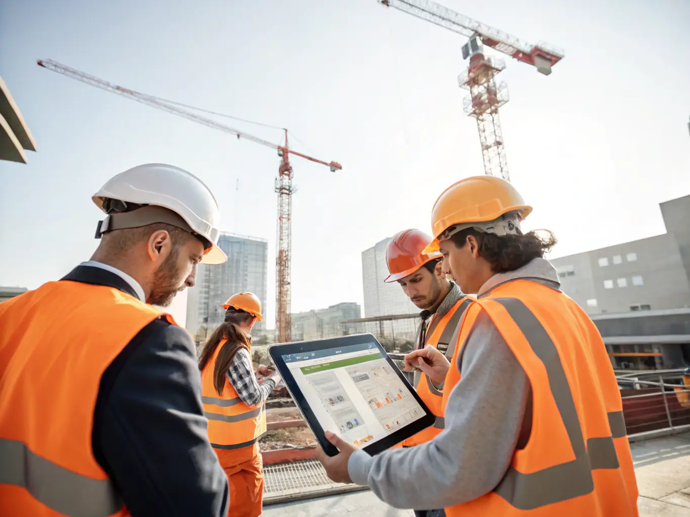 A construction site with workers using tablets and laptops, showcasing the need for reliable IT support in the construction industry.