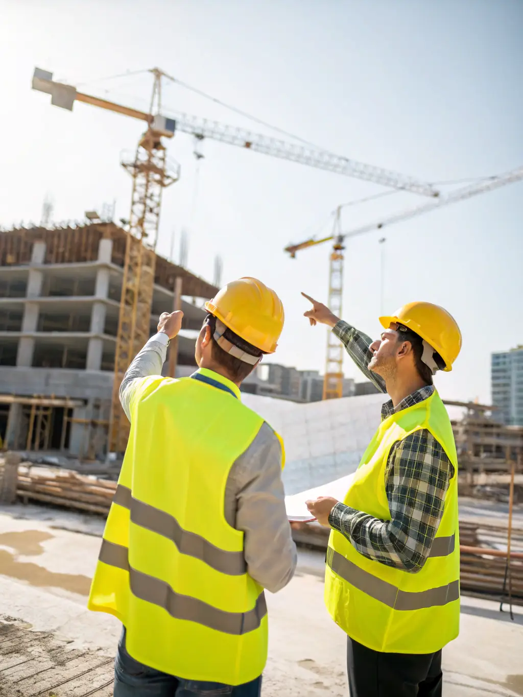 Construction workers using tablets on a construction site, demonstrating Simple Layer IT's services for the construction industry.