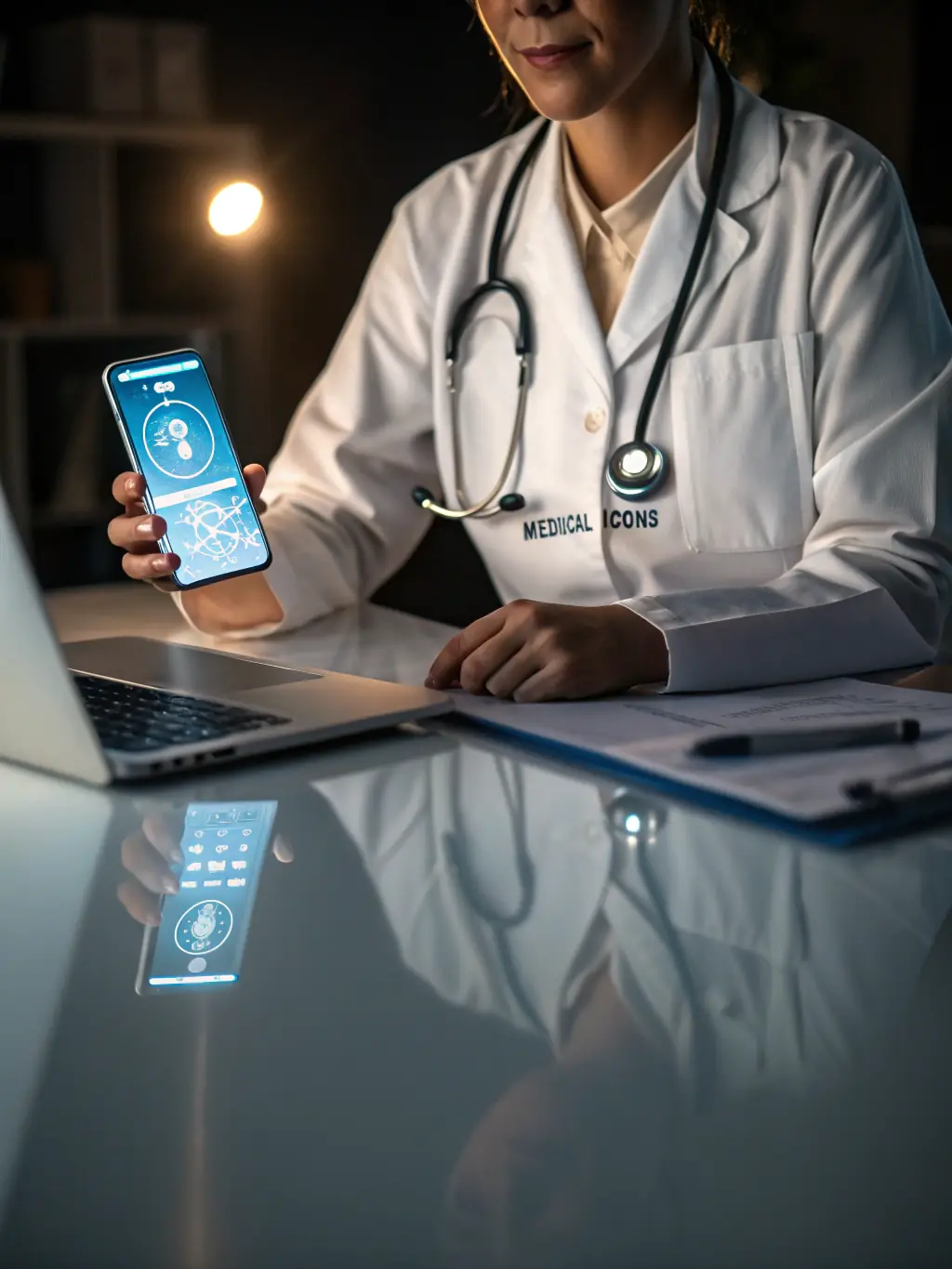 A doctor reviewing patient records on a tablet in a modern, brightly lit medical office, showcasing Simple Layer IT's support for healthcare.
