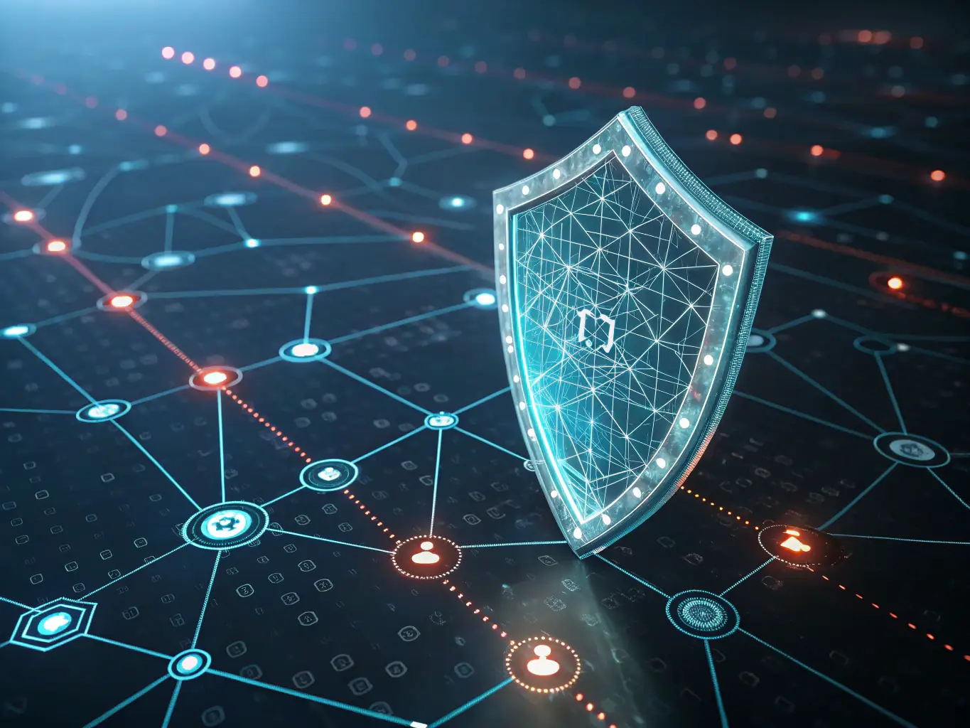 An image depicting a digital shield overlaying a network grid, symbolizing robust cybersecurity measures and data protection.