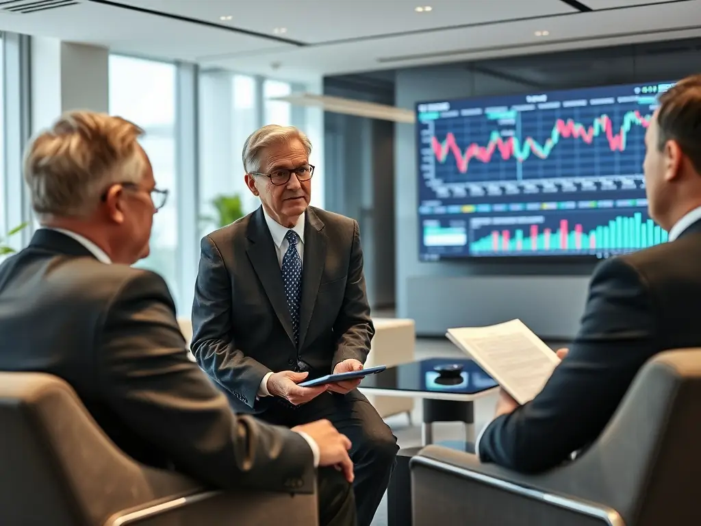 A financial advisor working on a computer with stock charts and financial data displayed, emphasizing the need for secure and reliable IT infrastructure in the finance industry.