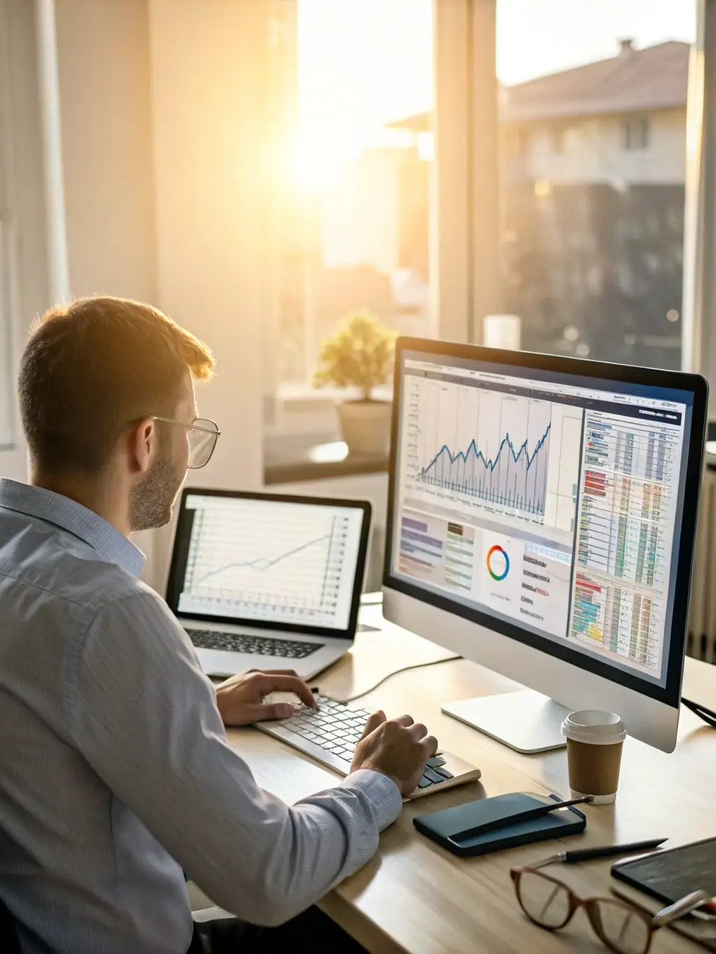 A financial analyst working on a computer with stock charts in the background, representing Simple Layer IT's services for the finance industry.