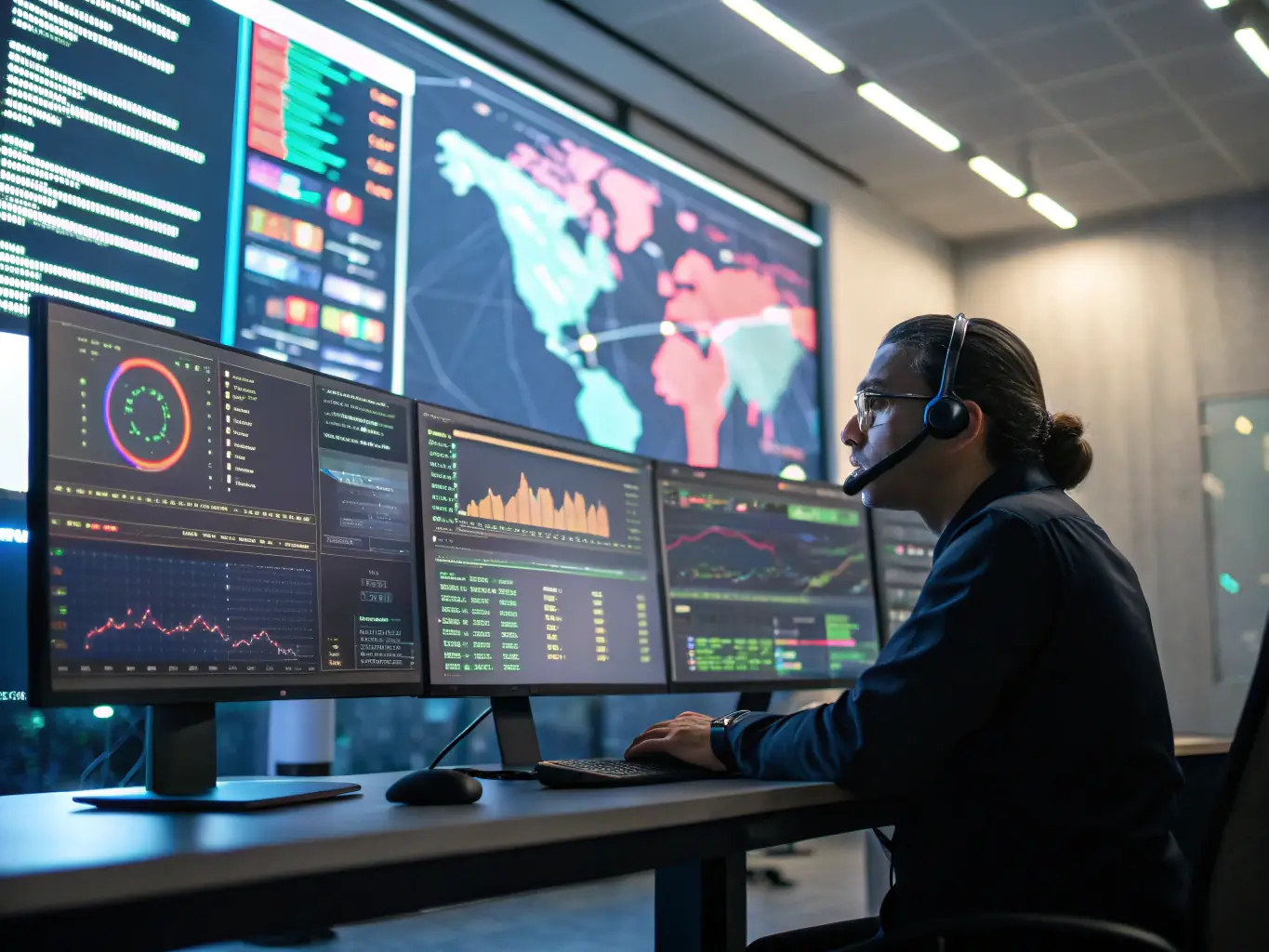 A cybersecurity expert analyzing threat data on a computer screen, protecting a small business from cyberattacks and data breaches.