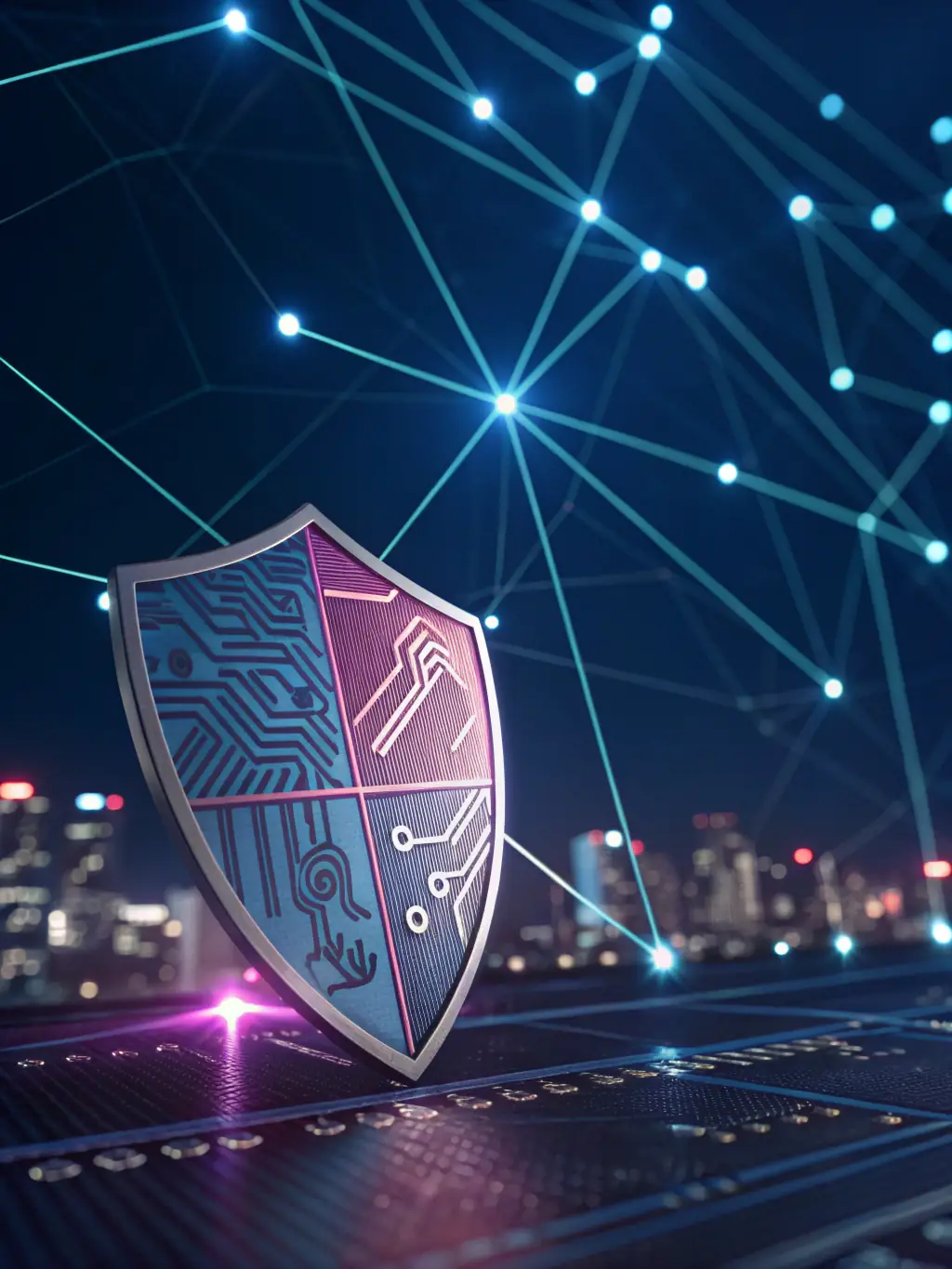 A digital illustration depicting a shield with a lock icon inside, surrounded by smaller icons representing various cyber threats like malware, phishing, and ransomware. The background is a network of interconnected nodes, symbolizing the interconnectedness of business systems.